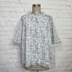 LOFT Floral Blouse in Gray and White Ruffle Bell Sleeves Gold Speckles